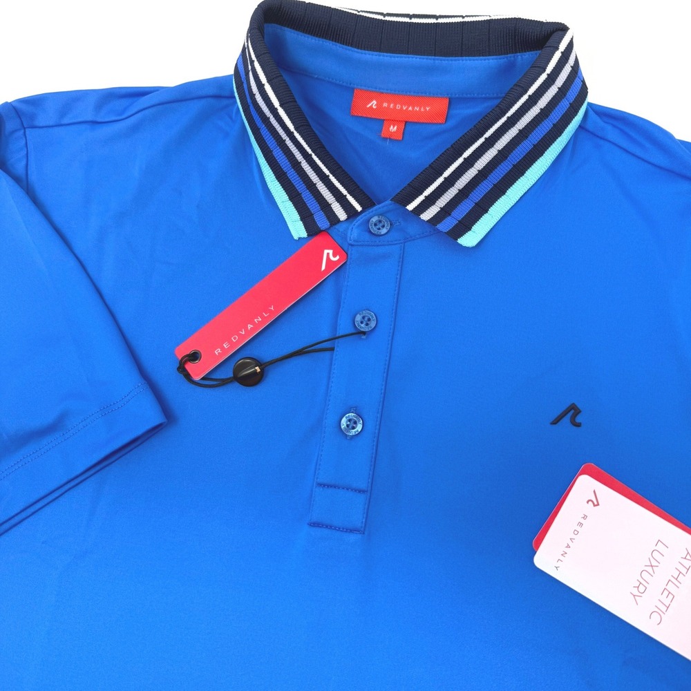 REDVANLY Mael Polo Mens Medium Marine Blue Striped Collar Golf Shirt NEW
